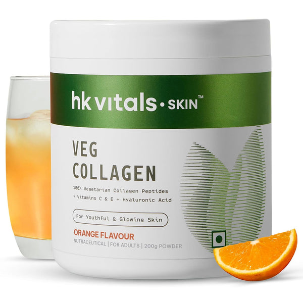 Healthkart vitals Veg Collagen Supplement Powder, Orange, 200g | Collagen Peptides with Vitamin C, E | For Healthy Skin
