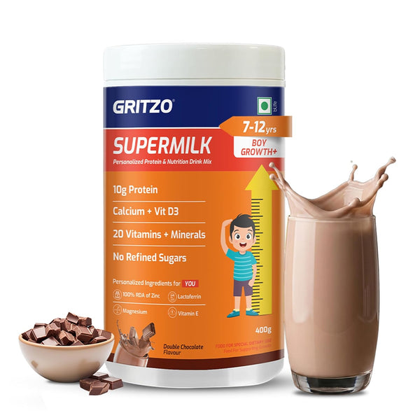 Gritzo SuperMilk Growth+ (7-12y Boy), Double Chocolate, 400g | 10g Protein with 20 Vitamins & Minerals | Zero Refined Sugar