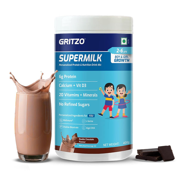 Gritzo SuperMilk Growth (2-6y Kids), Double Chocolate, 400g | 6g Protein with 20 Vitamins & Minerals | Zero Refined Sugar