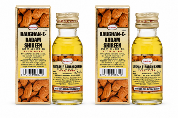 Hamdard Raughan-E-Badam SHIREEN Sweet Almond Oil for Body, Skin & Hair | 25ml | Natural Almond Oil | Helps Enhance Memory | Helps Relieve Constipation | Helps Build Stronger Muscles | Pack of 2